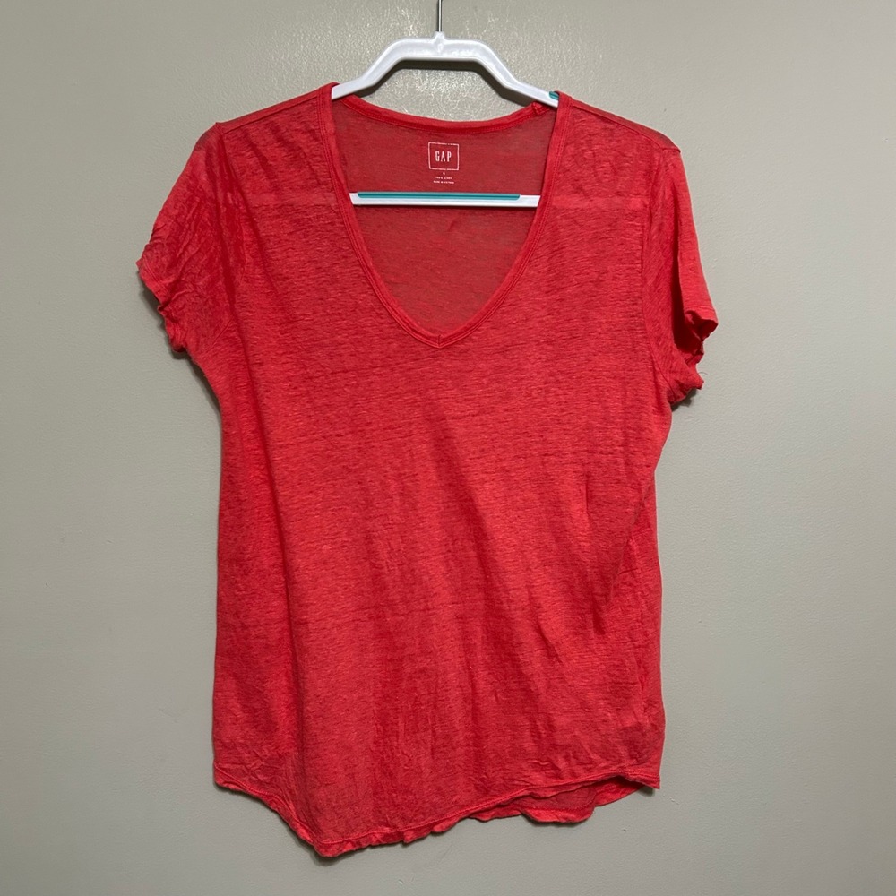 GAP Women's 100% Linen‎ V-Neck T-Shirt S Coral Pink Short Sleeve Casual Top FLAW